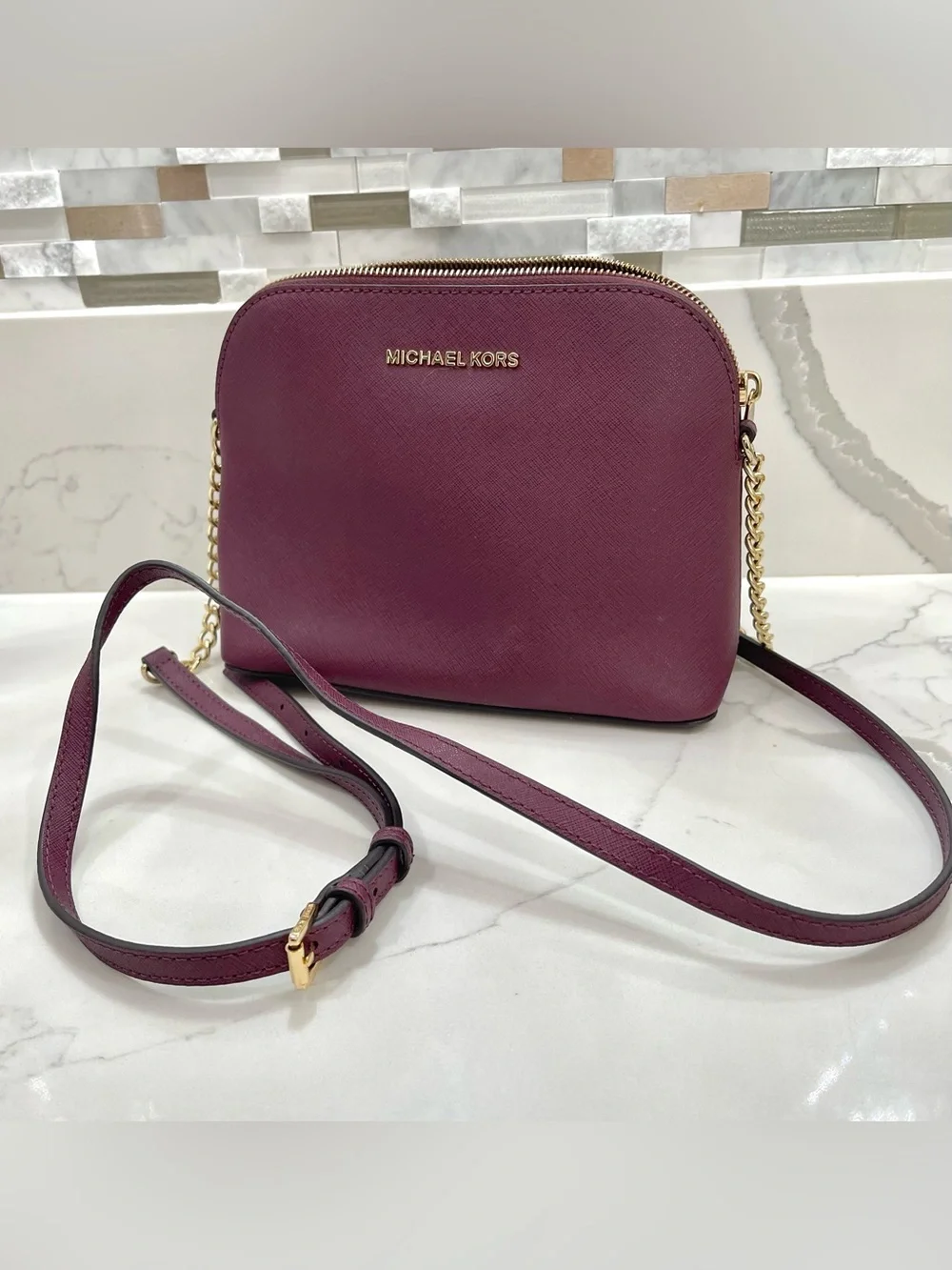 Michael Kors Plum Saffiano Crossbody with Gold Hardware